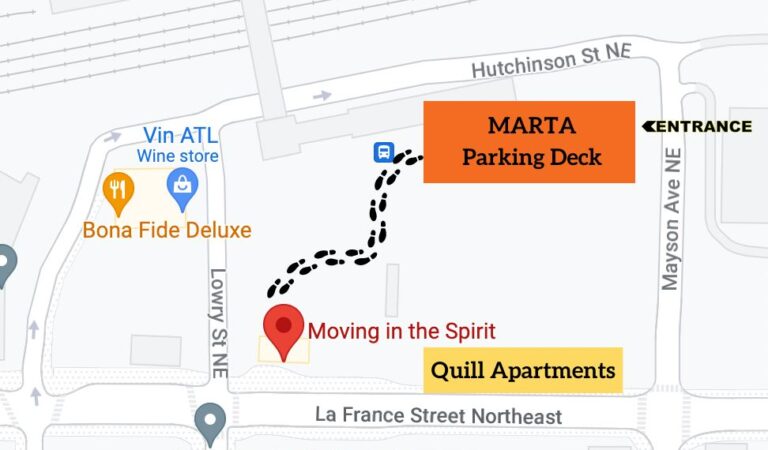 Map of entrance to parking garage for Moving in the Spirit, an arts and youth development center that presents dance programming and dance performances in Atlanta, Georiga.
